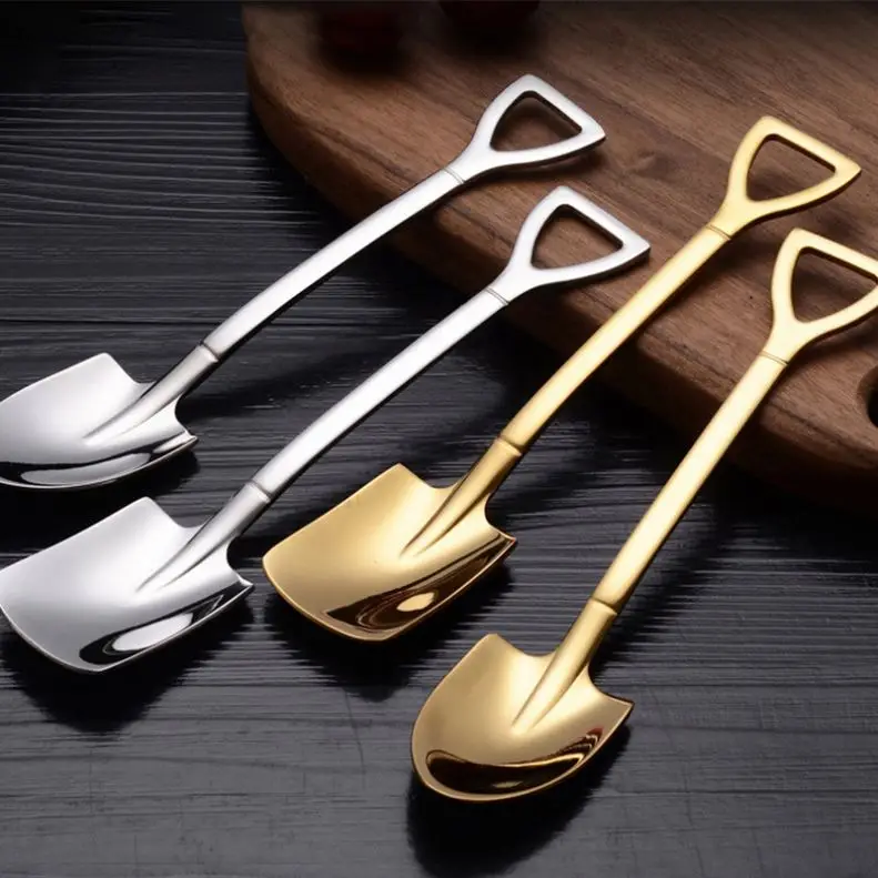 2PCS Set Cute Dessert Spoons Shovel Shape Stainless steel mini Coffee spoon Cute Retro Small Spoon for High Tea teaspoons