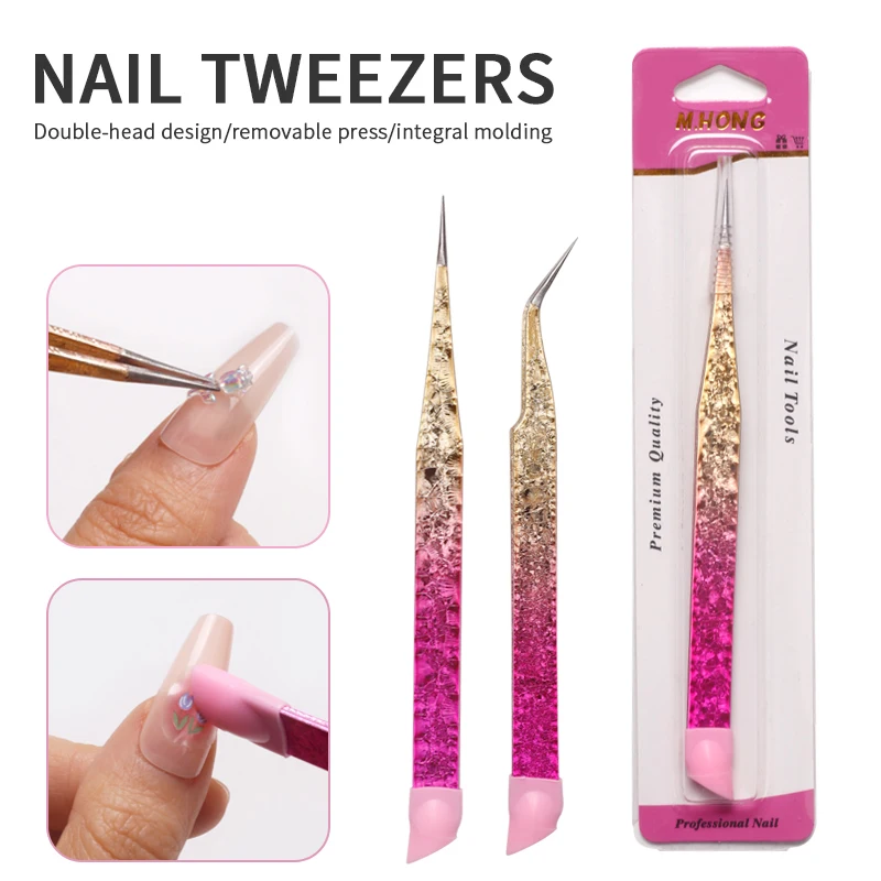 Stainless Steel Double 2 Head Nail Tweezers with Silicone Pressing 3D Sticker Rhinestones Picker Metal Nails Tool