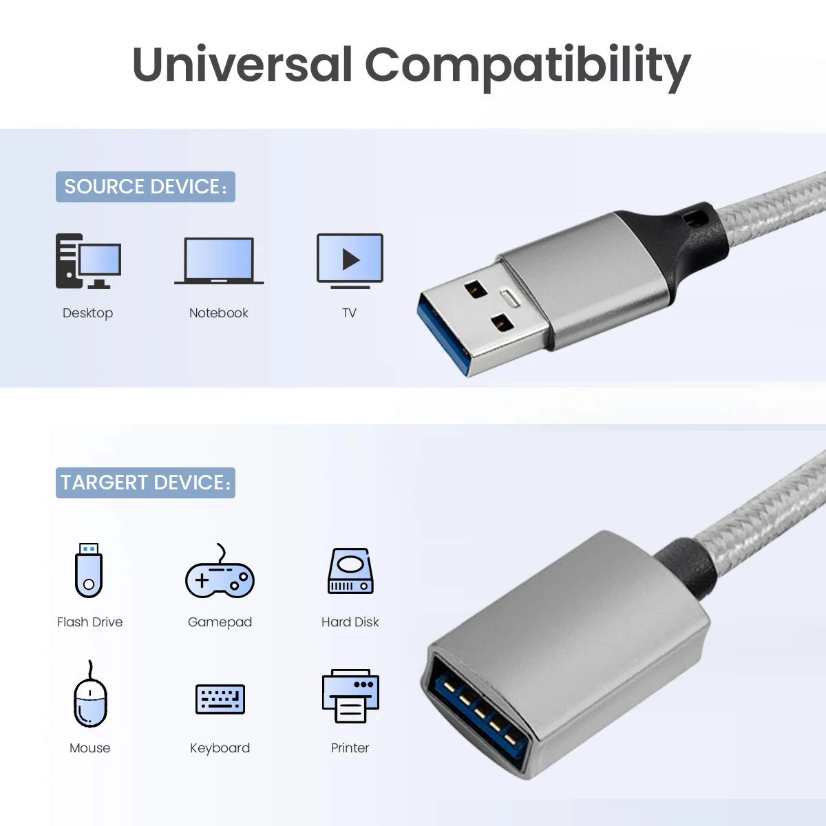 Nylon 5Gbps 60W Usb 3.0 A Female To A Male Extension Cable Usb 3.0 Am To Af Extender Cord