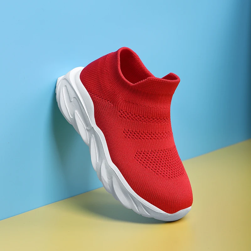 Flying woven socks shoes elastic sleeve design and soft MD outsole for kids casual shoes
