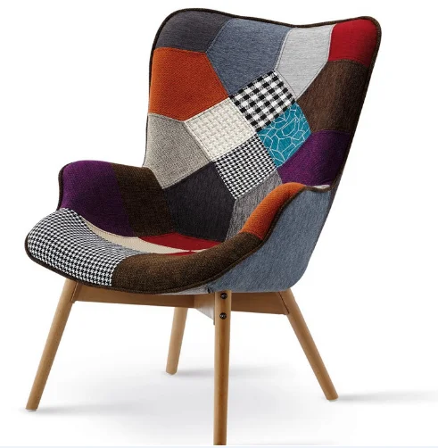 Nordic comfortable fabric sofa chair lounge chair for living room bedroom with foot rest patchwork chair