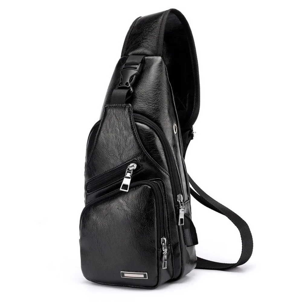 Mens Pu Leather Chest Bag Travel Intelligent Charge Sling Backpack Casual Carrying Usb Charger Crossbody Messenger Shoulder Bag