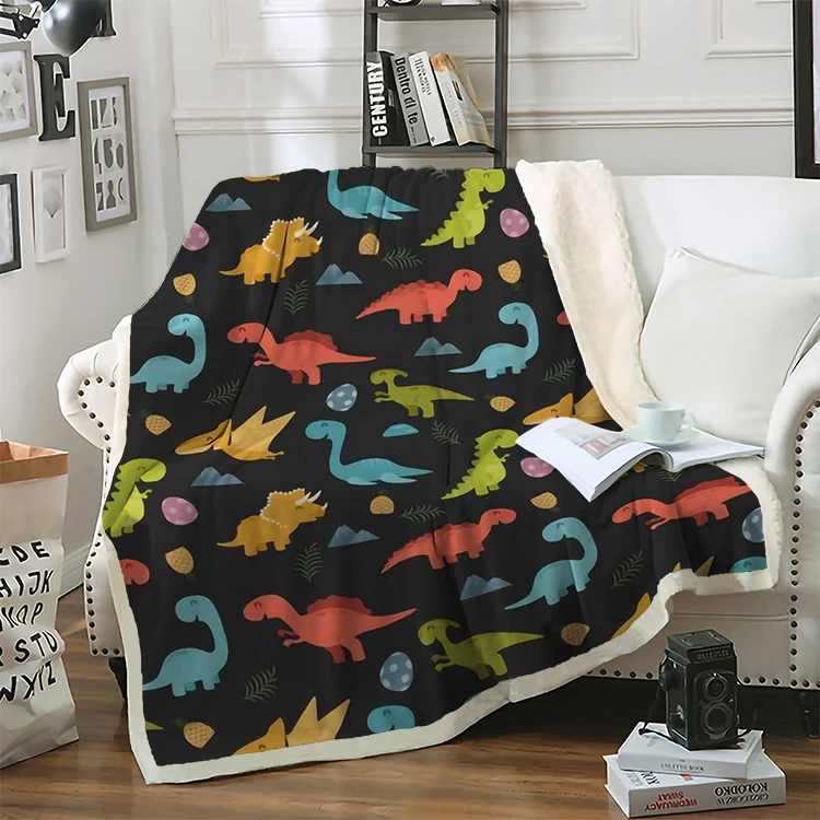 
Yutong Cute Cartoon Colorful Dinosaur Printed Sherpa Blanket Colorful Bedspread Velvet Plush Beds Blanket 150X200Cm 