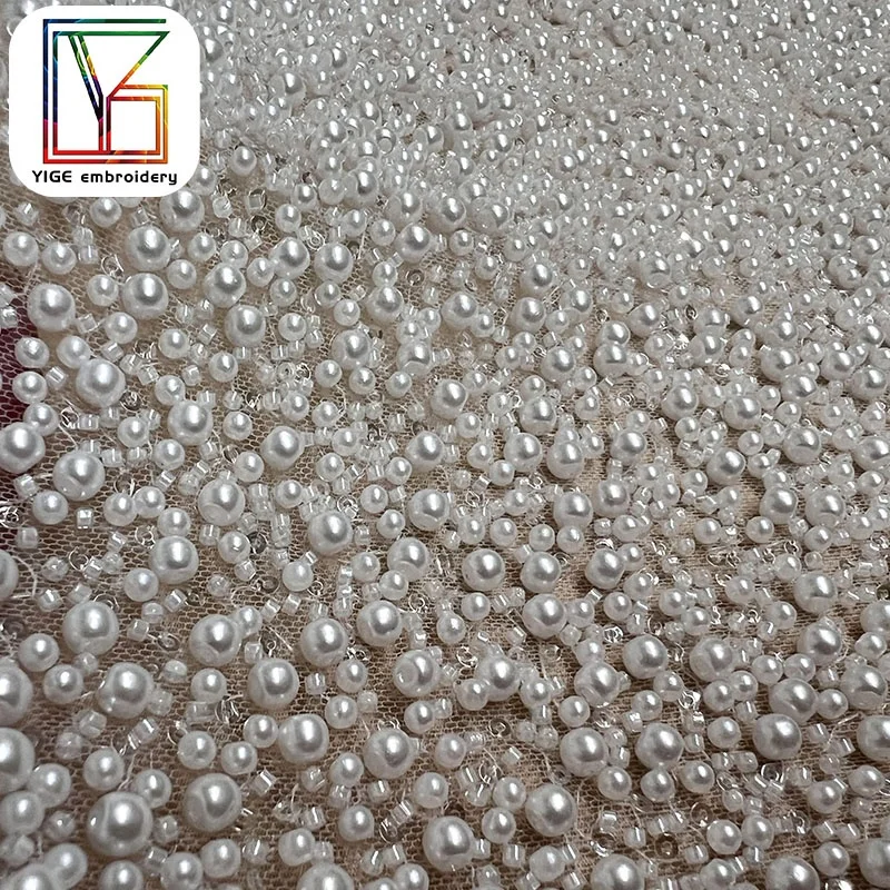luxury white hand beaded fabric wedding tulle high density pearl lace bridal Beads sequin lace fabric