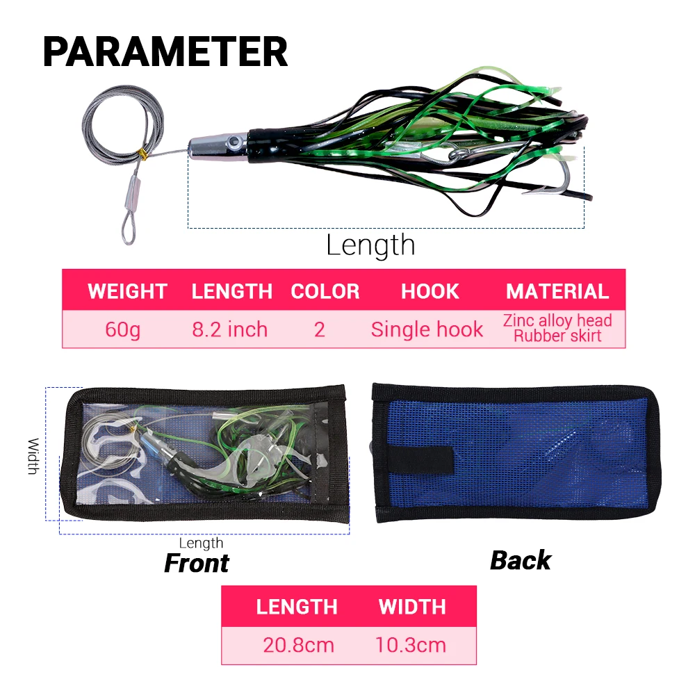 Tolure Saltwater Octopus Trolling Fishing Lure 60g 8.2inch  Rig Octopus Skirt Stainless Steel Jetted Head Trolling Lures