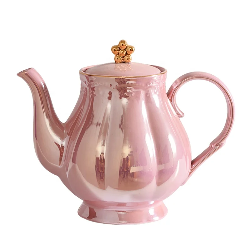 Royal Design Pink Color Drinkware Gold Rim Ceramic Coffee Mug Saucer Pot Set Custom Tea Cup Set