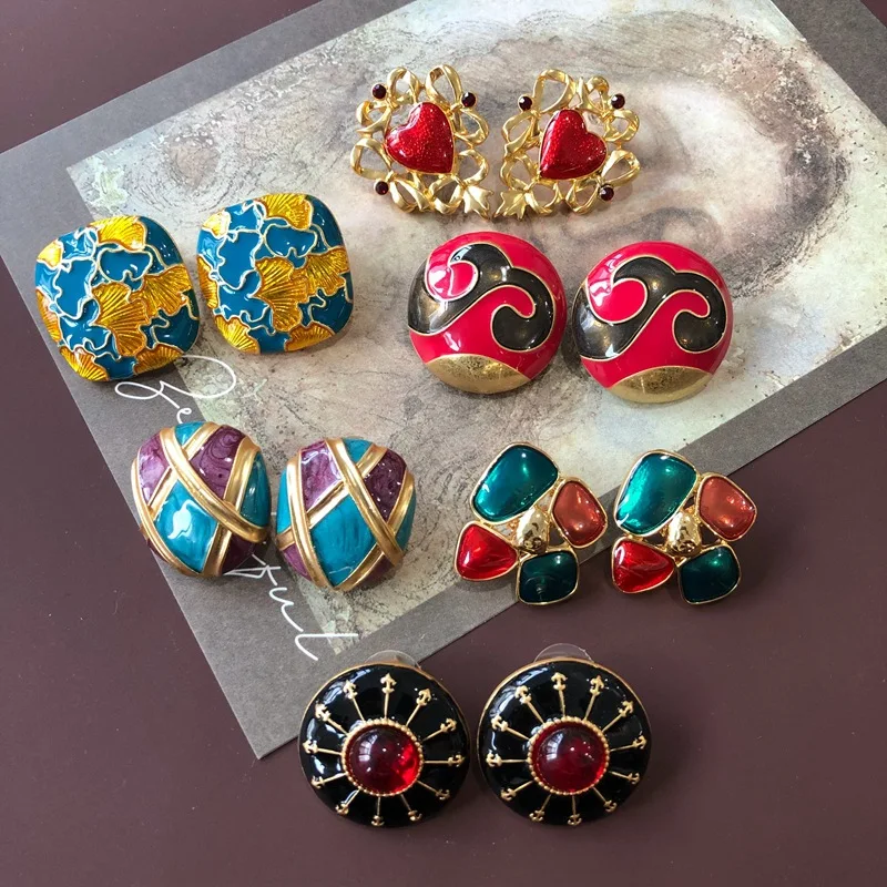 vintage earrings colorful enamel leaves flowers carved hollow heart shaped silver needle stud clip on earrings non pierced