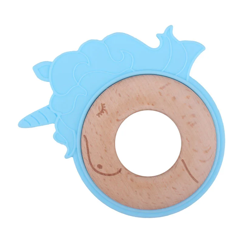 Factory Wholesale Wood Silicone Baby Teether Unicorn Ring Teething Chew Toy Teethers