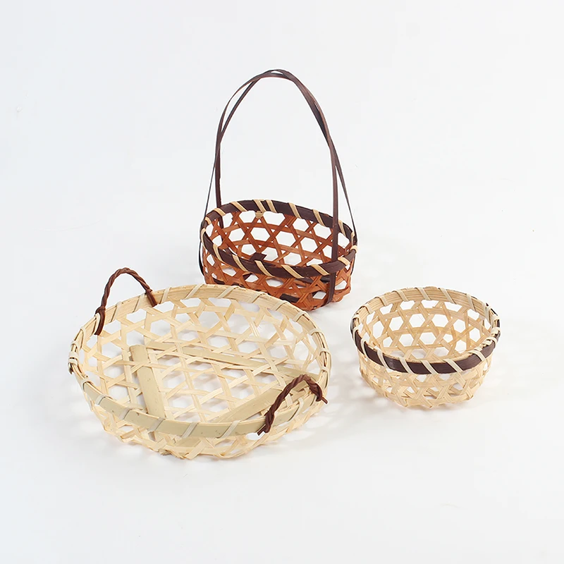 Bamboo Fruit Bread Round Rattan Serving Tray Hand Woven Serving Basket with Handles Natural Restaurant Woven Storage Basket