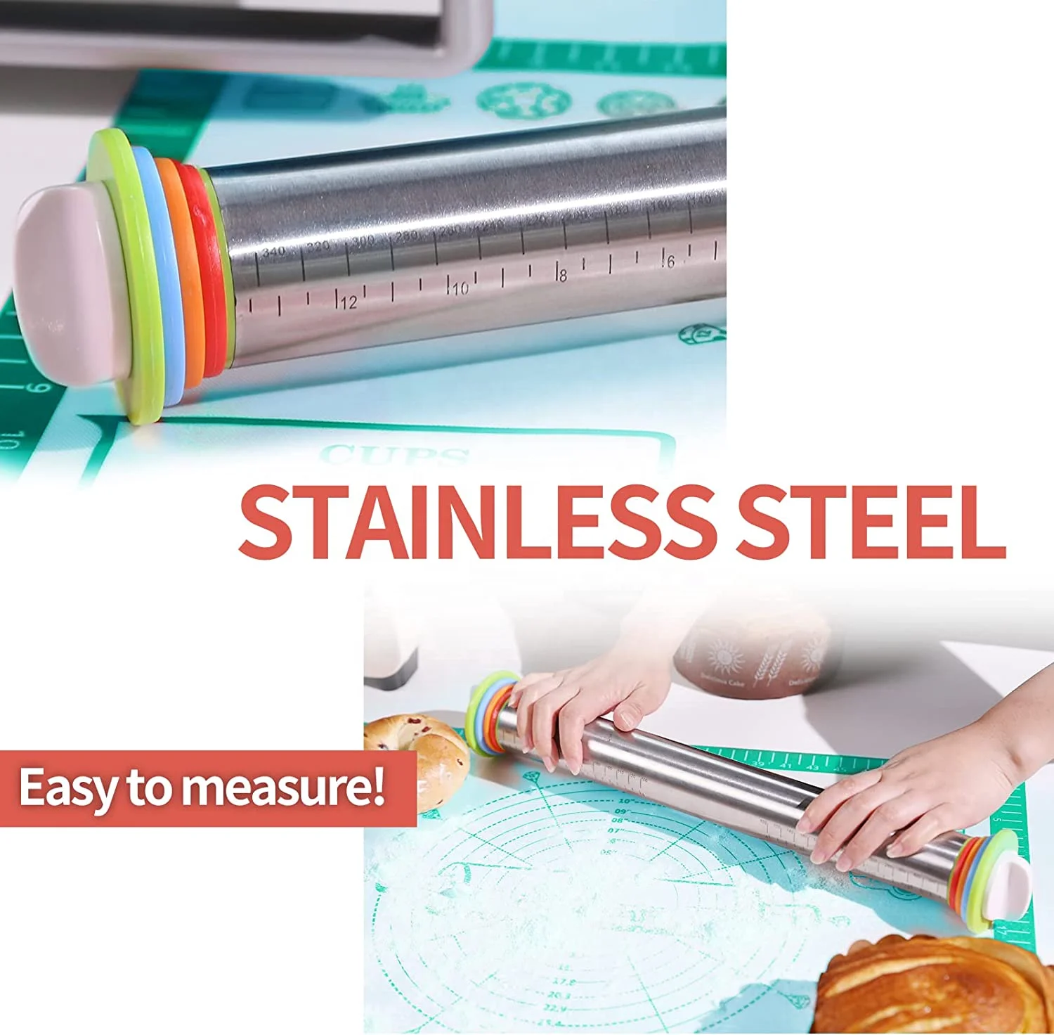 Rolling Pin and Silicone Baking Pastry Mat Set, Stainless Steel Dough Roller with Adjustable Thickness Rings