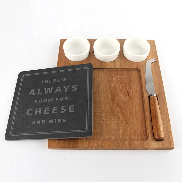 Customized material and shape wooden cheese board with dipping bowl and slate cutting board,cheese knife set