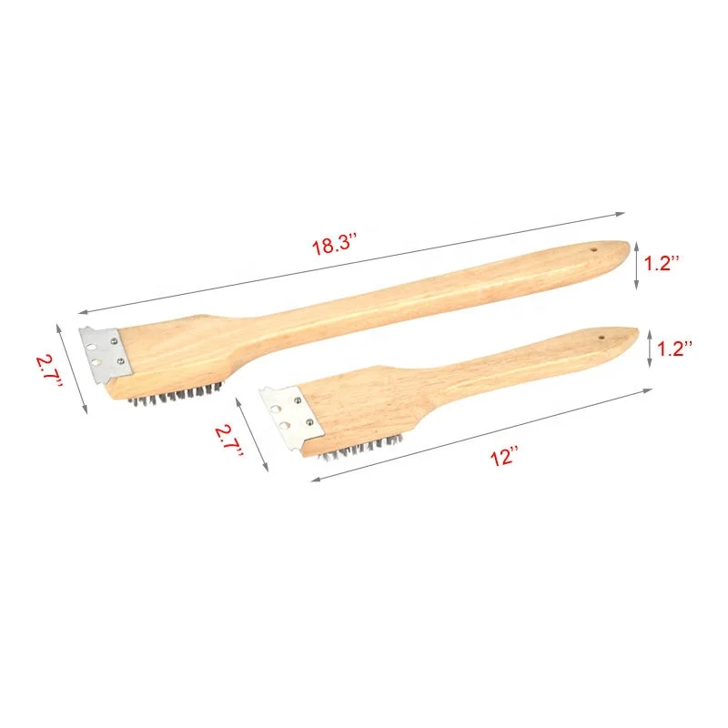 Durable BBQ Tools Stainless Steel Wire Bristle Grill Accessories Scraping Brush With Wood Handle