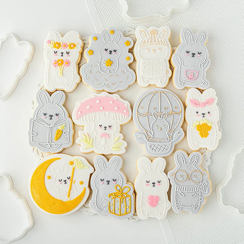 Saffron New Design Rabbit Animal acrylic cookie stamp plastic cutter fondant embosser cartoon rabbits bunny new year