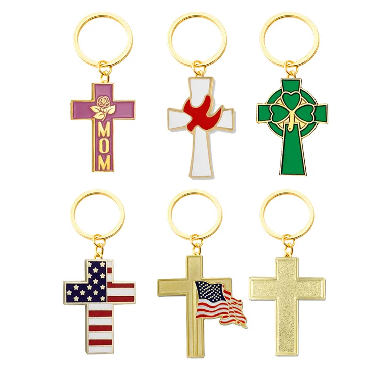 Wholesale Customized Enamel Jesus Church Religious Christian Cross Keychain Custom logo Cross Dove Keychains keyring Llavero Key