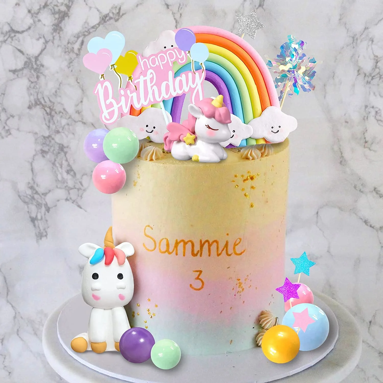 Kids Rainbow Cake Decorations with Rainbow Stars Unicorn Foil Firework Balls Happy Birthday Cake Decorations for Boys and Girls