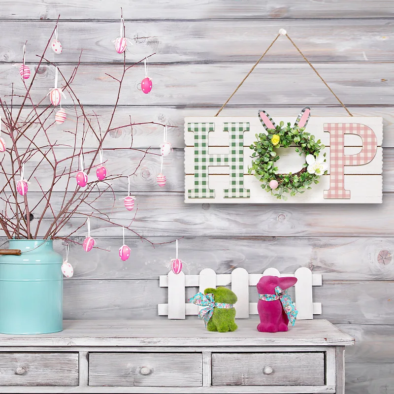SH-223 Easter Bunny Wood Hanging Sign with Small Artificial Wreath Decorations Hop Sign