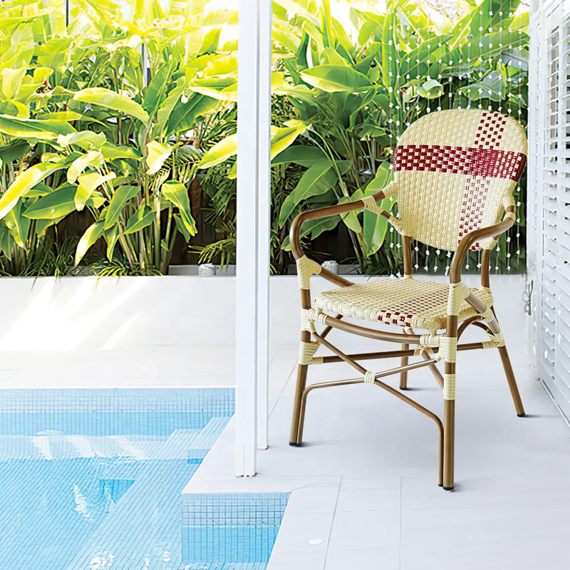 Beige French Stackable Balcony Armchairs Furniture Garden Wicker Rattan Aluminum Outdoor Patio Bistro Dining Chairs