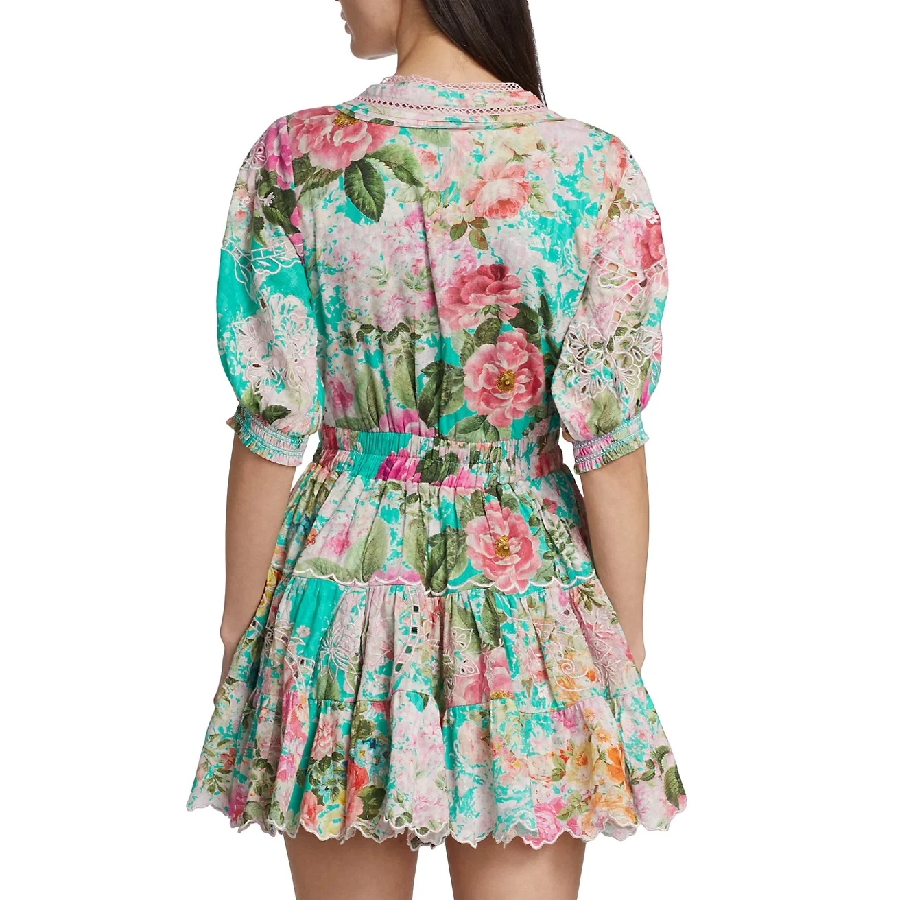 OEM Custom Summer Vintage Pink Chiffon Floral Print Mini Casual Dress Women Puff Sleeve Button Decoration XL Size Cotton Fabric