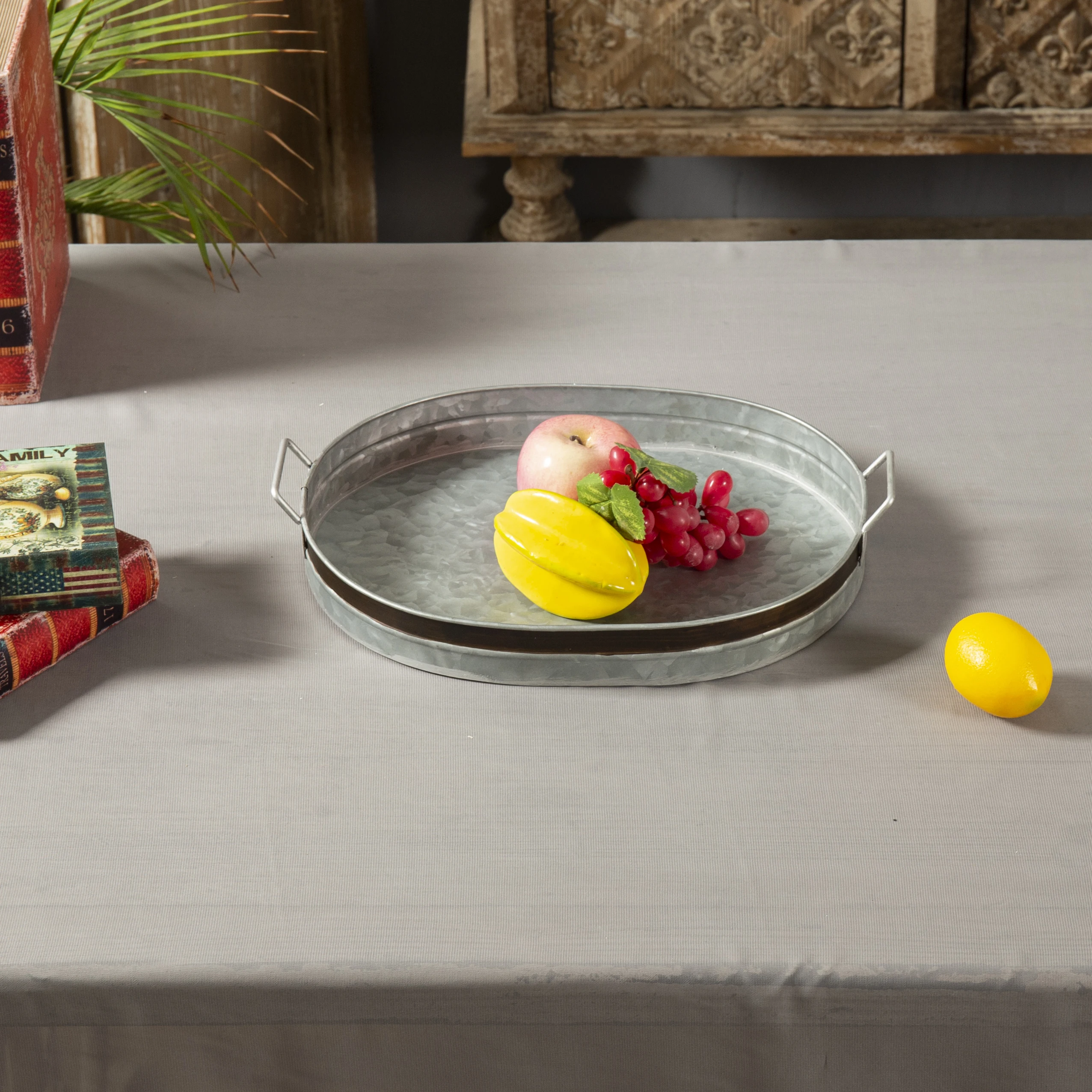 Farmhouse Style Vintage Kitchen Large Oval Gray Galvanized Steel Single Tier Serving Tray Stand With Handle