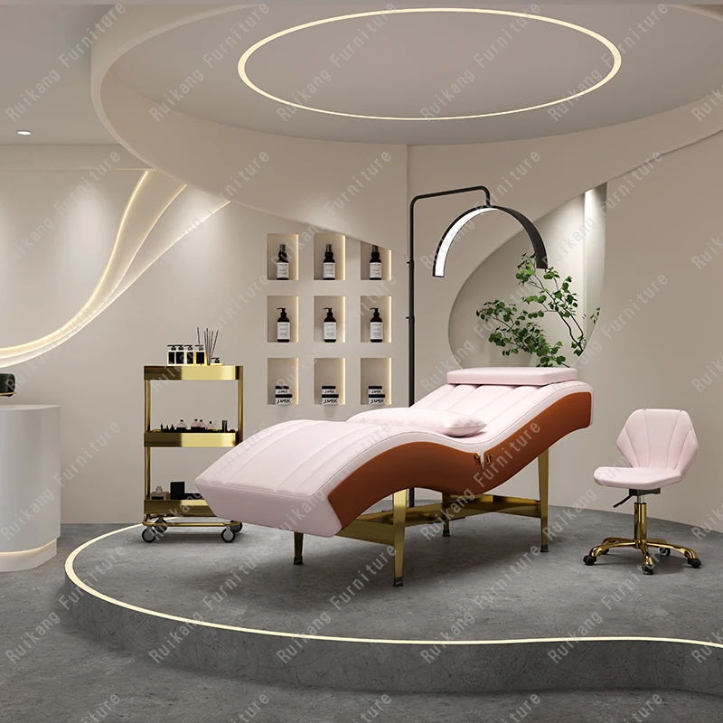 Modern Stationary luxury Beauty Salon Equipment  Metal Eyelash Cosmetic Facial Spa Curve Lash Bed Massage Table