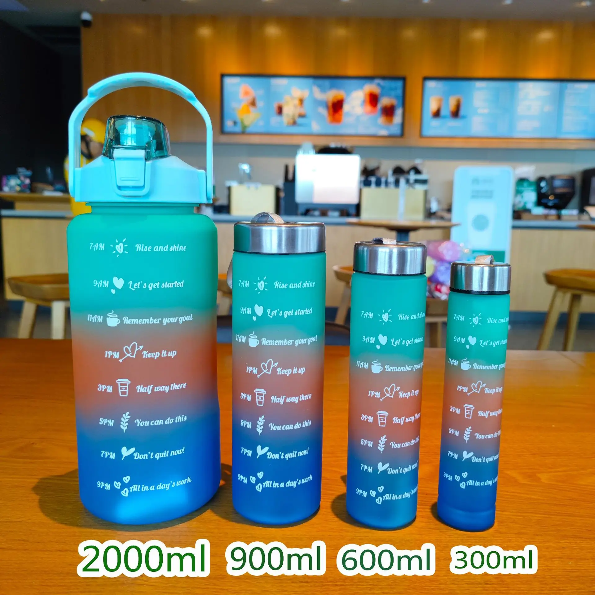 4 Pcs Set Motivational Water Bottles Portable Plastic Half Gallon Sports 4 in 1 Water Bottle Sets with Straw