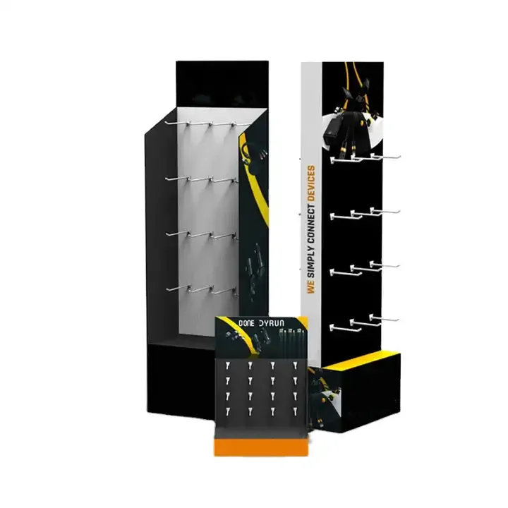 Custom Corrugated Cardboard Cell Phone Case Data Line Cable Display Floor Stand Rack With Hooks