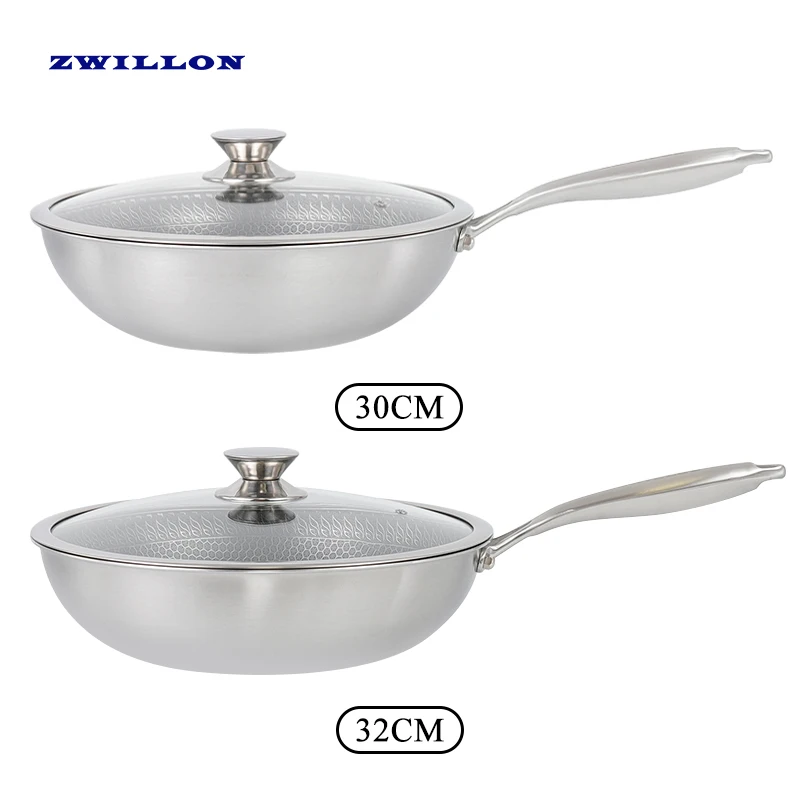 ZWILLON Chinese Wok cookers large cooking 30CM/32CM commercial Easy to clean Insulation stainless steel honeycomb wok