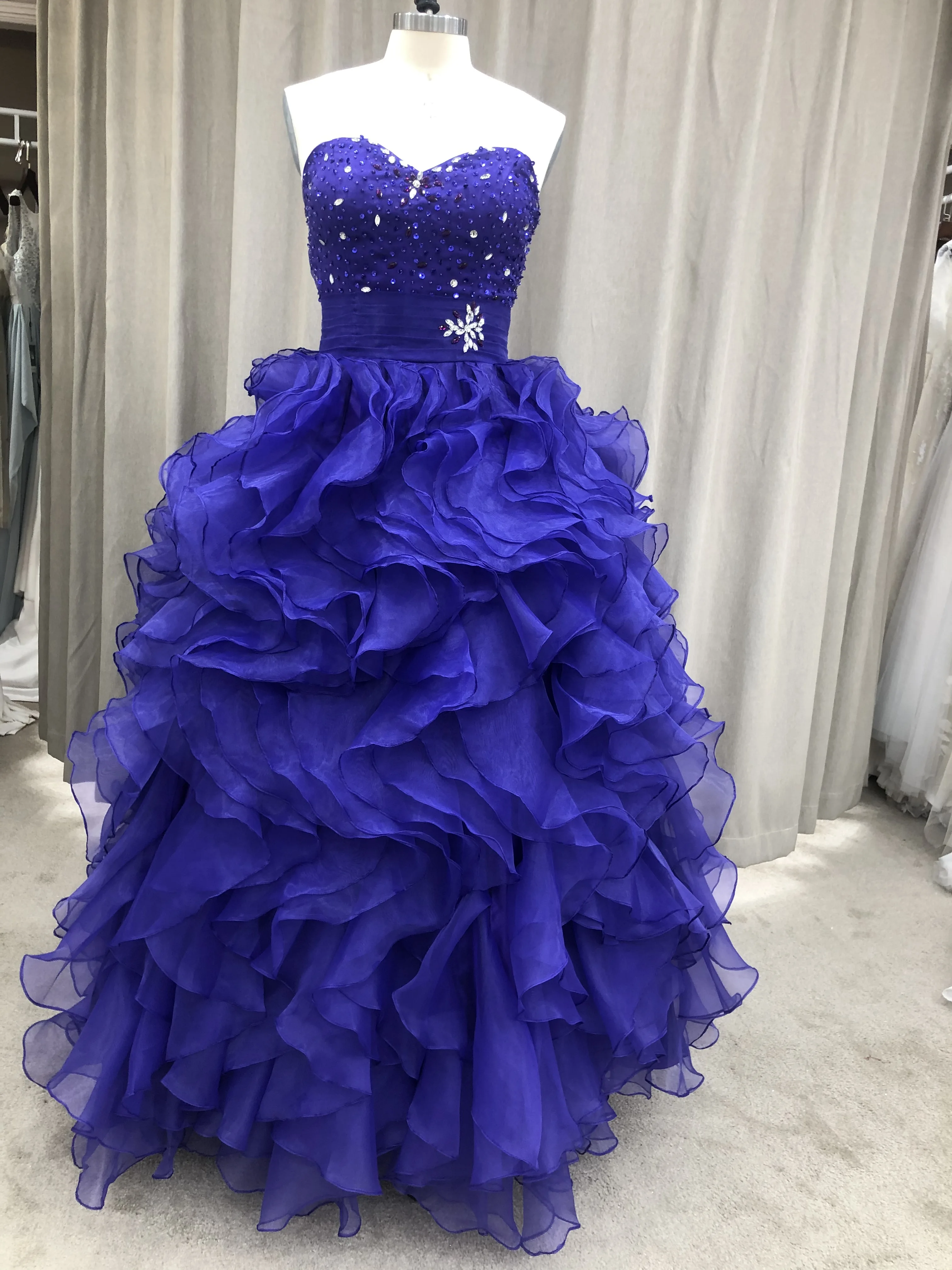 #6727 Sweetheart Sequins Layered Royal Blue Strapless Ball Gown Quinceanera Dresses Evening Dress Masquerade Ball Gown