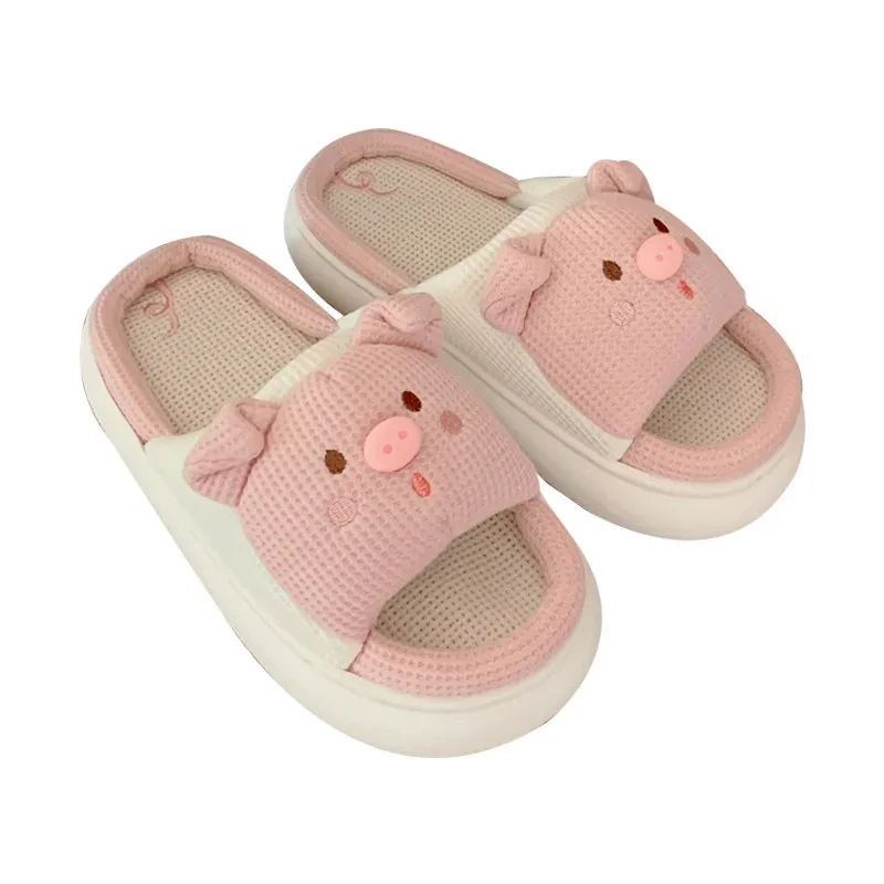Cute Cartoon Pig Slippers 2024 Women Summer Indoor Bedroom Soft Thick Soled Funny Shoes Linen Slippers Pantoufles zapatillas
