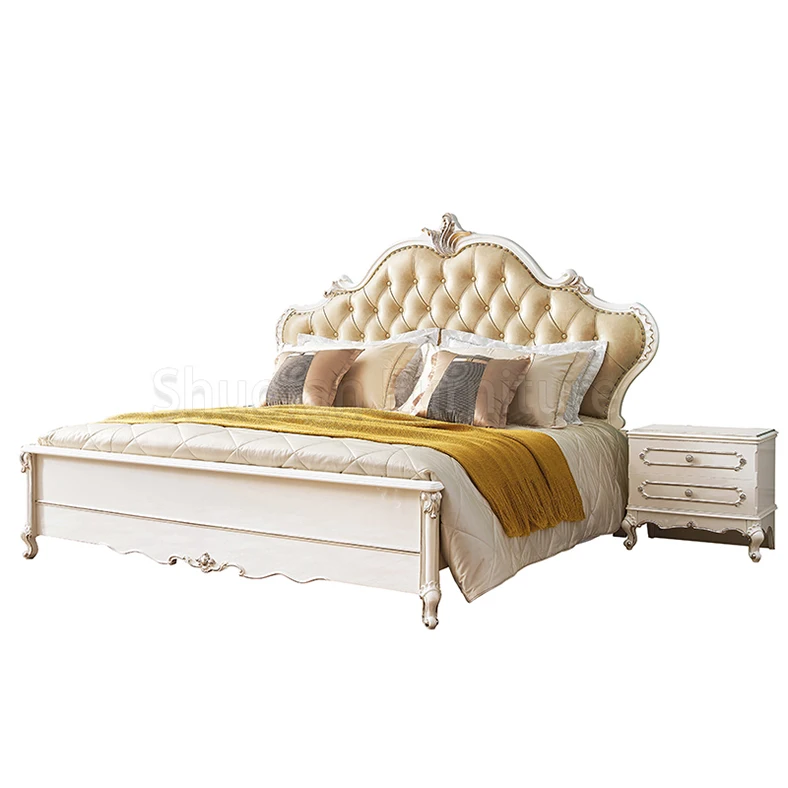 Light Luxury Style Wooden White Leather Headboard Bed King Size for Adult/Kids Bedroom Furniture Set