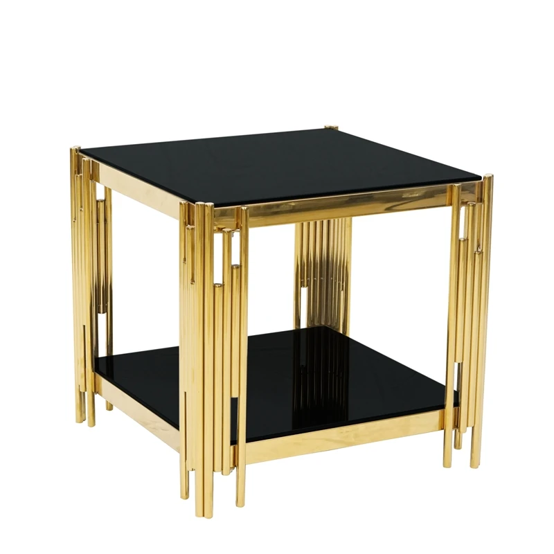 Modern Living Room Golden Stainless Steel Base Black Stand Tempered Glass Top Side Table