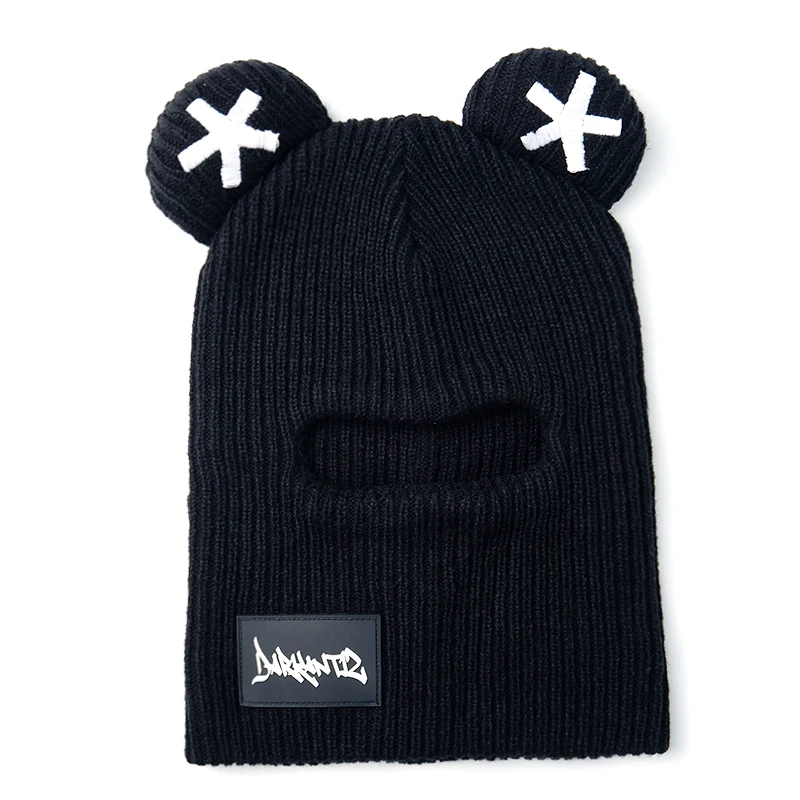 1 hole bear ear balaclava custom acrylic embroidered balaclava riding women mask hat balaclava beanie cap hat