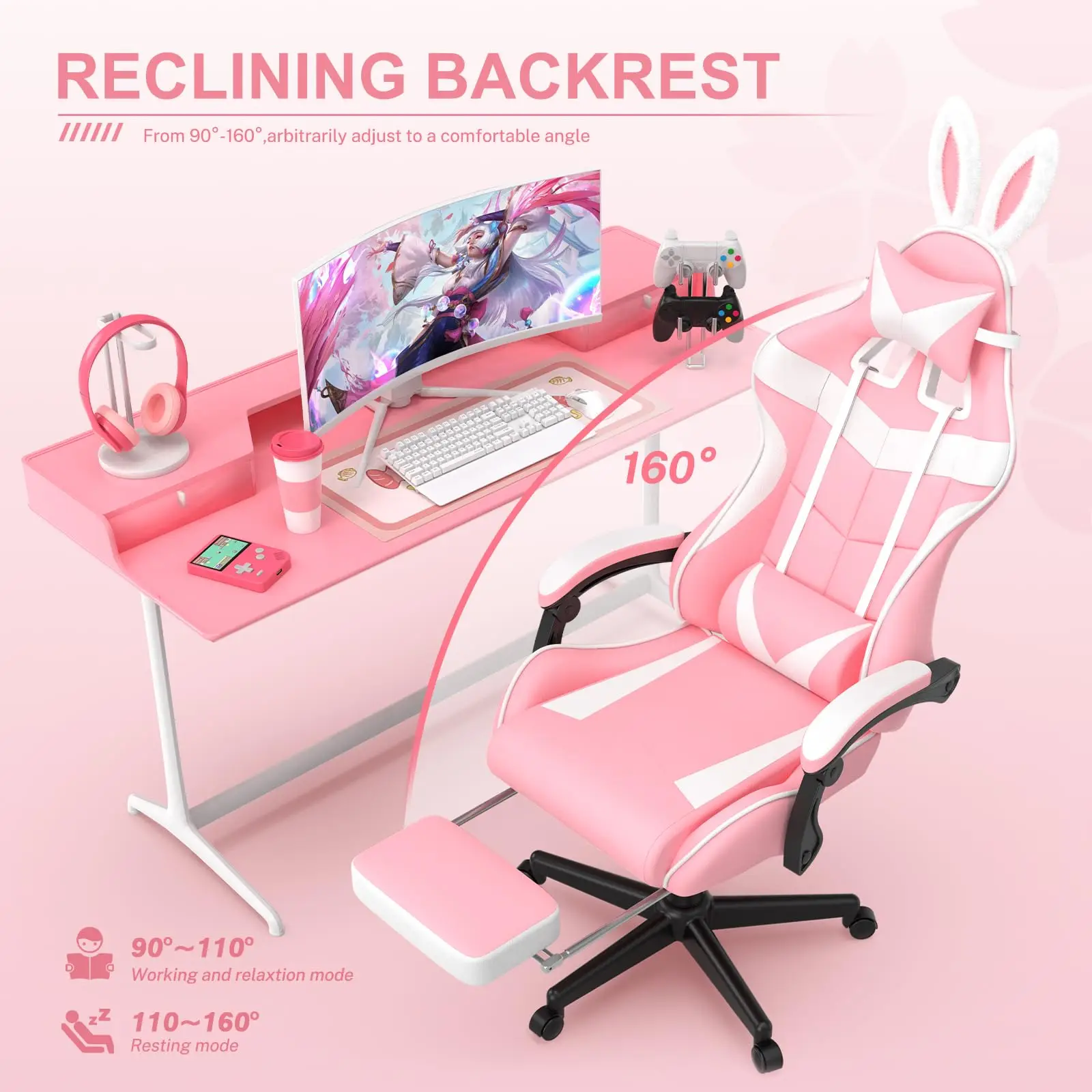 Pink Gaming Chair with Footrest,Lovely Bunny Computer Gamer Chair