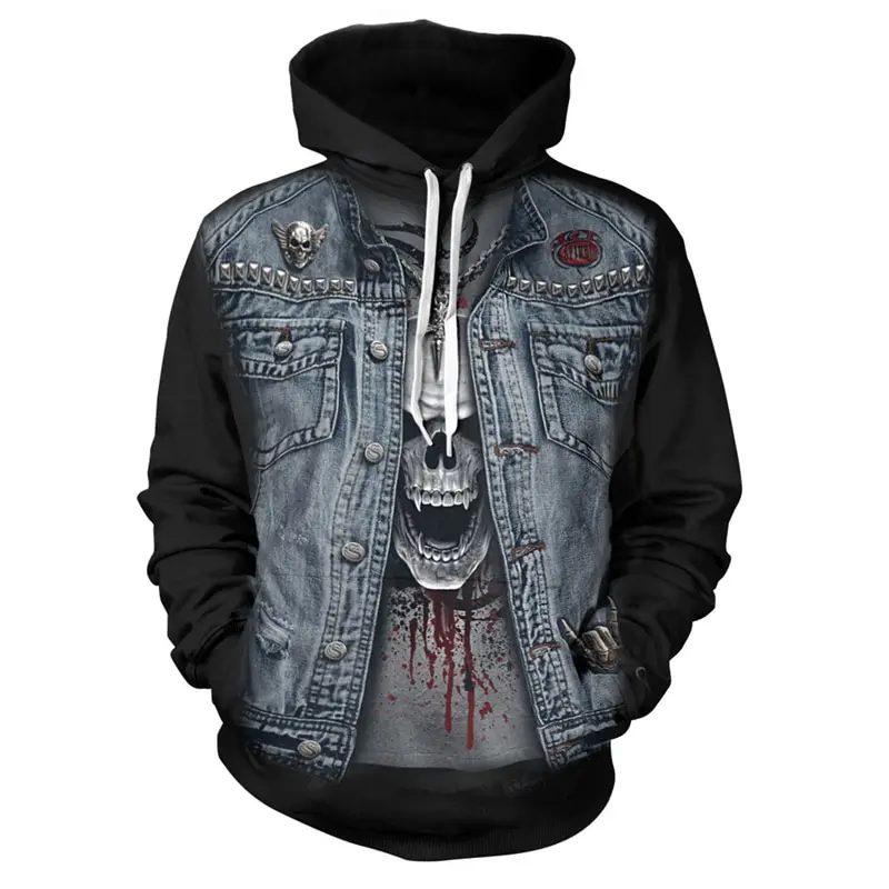 Wholesale Heavy Organic 100% Cotton hoodies Unisex Hoodies Oversized 3D skeleton prints denim jacket for man