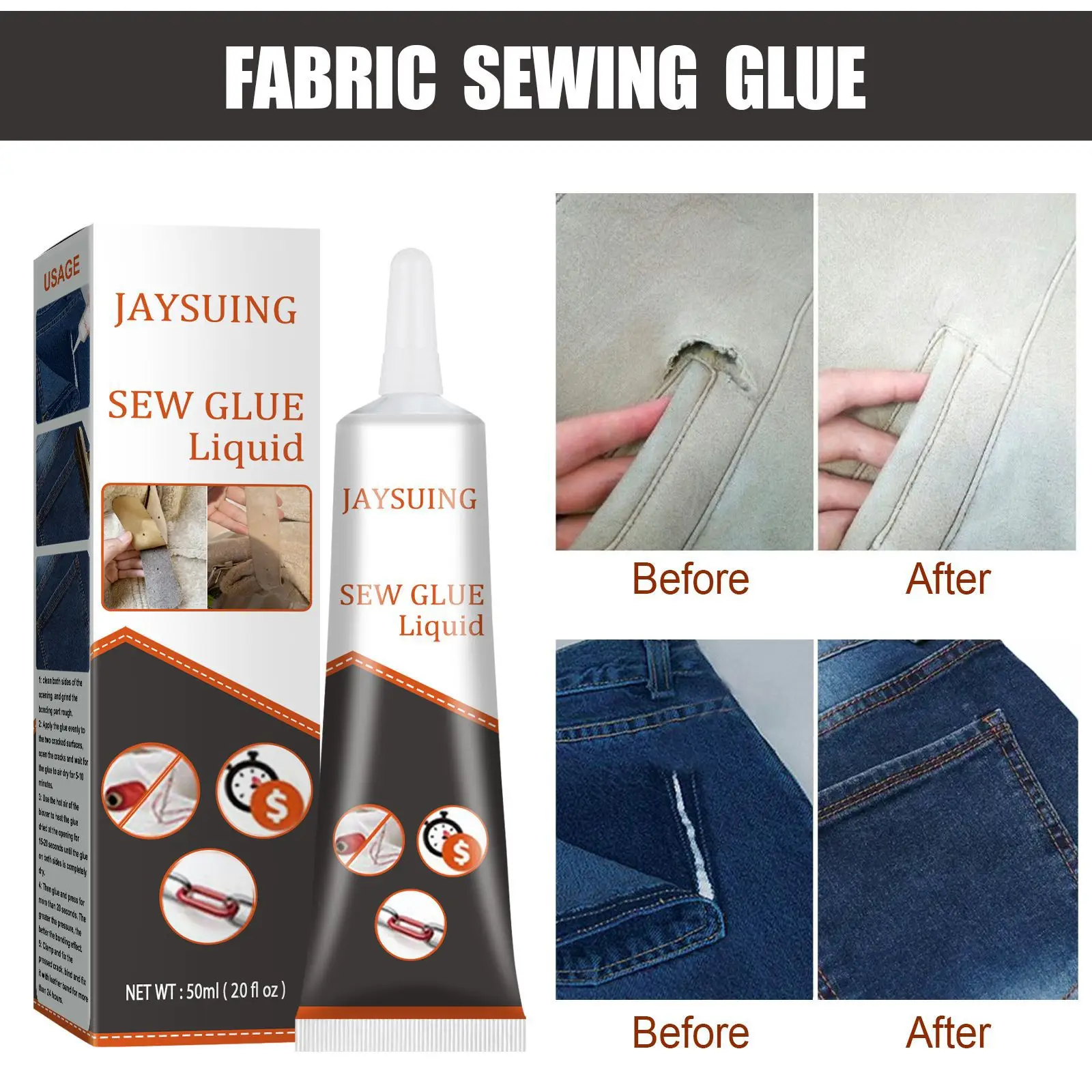 Jaysuing 50ML Waterproof Fabric Glue Effective Nylon Fabric Glue Easy To Use Adhesive Glue For Fabric