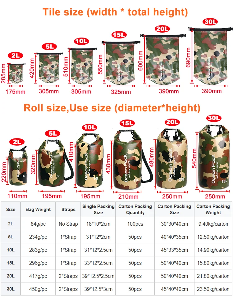 Custom Logo 2L 5L 10L 15L 20L 25L  PVC Waterproof Swimsuit Backpack Phone Swimming Beach Sport Outdoor Camo Dry Bag