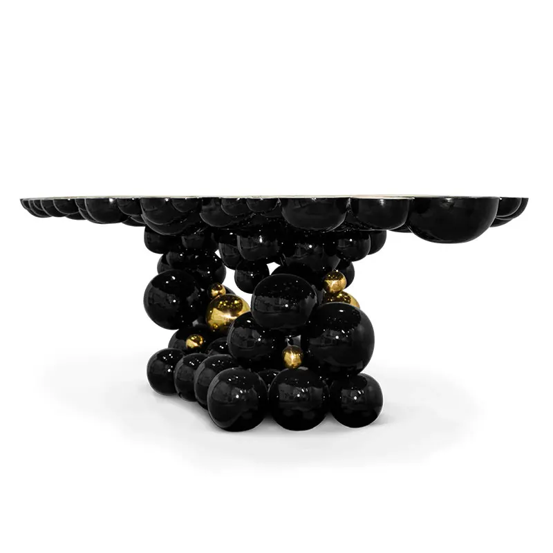 Custom Luxury Black Lacquer Dining Table with Gold-Plated Stainless Steel Ball Design 5-Star Hotel Style for Home Furniture