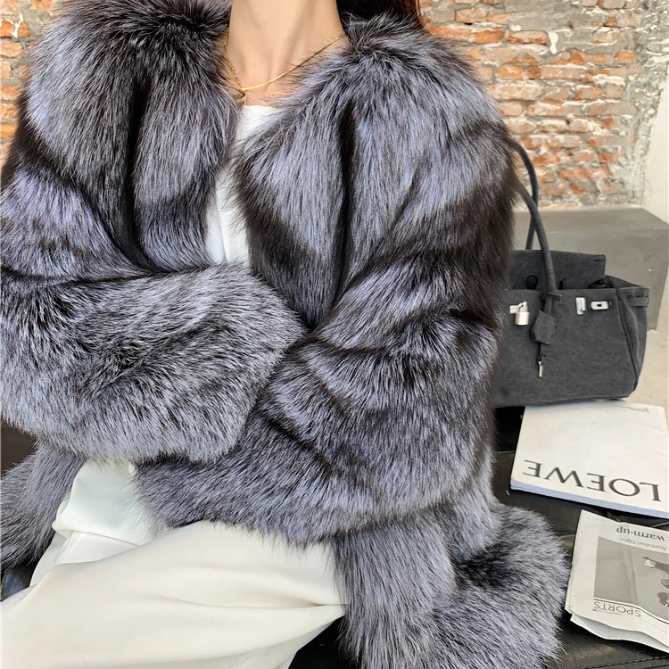 Women Custom Finnish Imported Front Open Fox Fur Jacket Natural Color Casual Women Fur Coats
