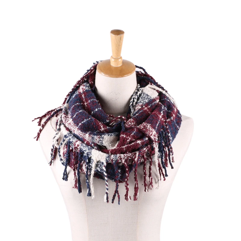 Fashion women winter acrylic knitted plaid infinity loop scarf