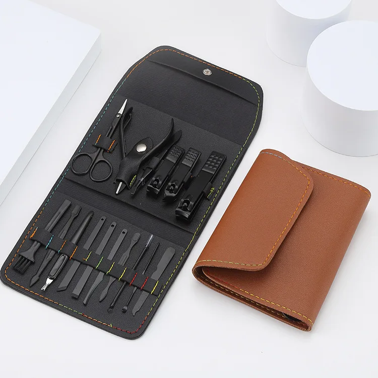 16Pcs High Quality Black Nail Scissors Grooming Kit Professional Manicure & Pedicure Set