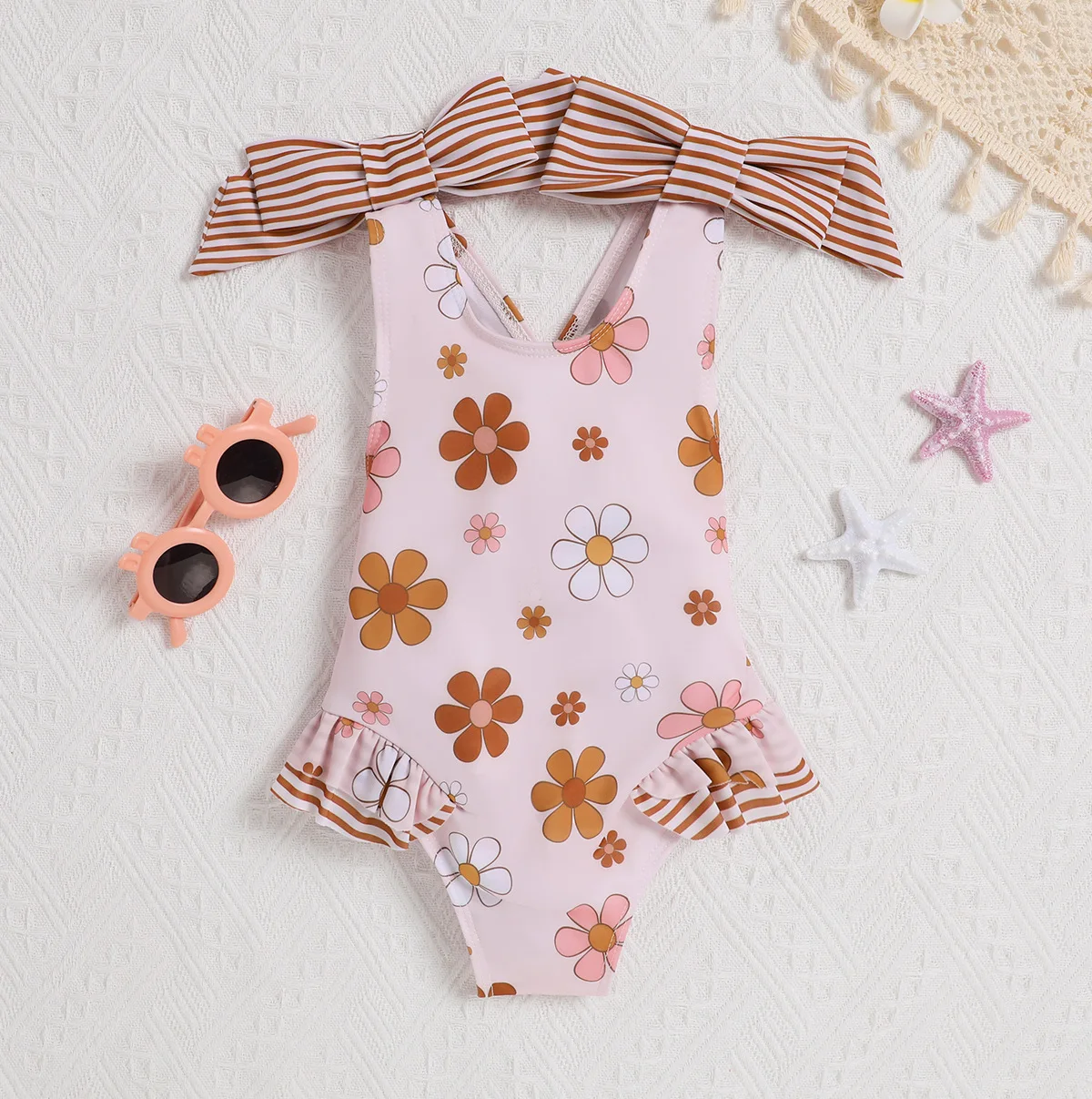 Wholesale New Playful Girl Floral Double Butterfly Knot Backless Cross Triangle Jumpsuit Swimwear