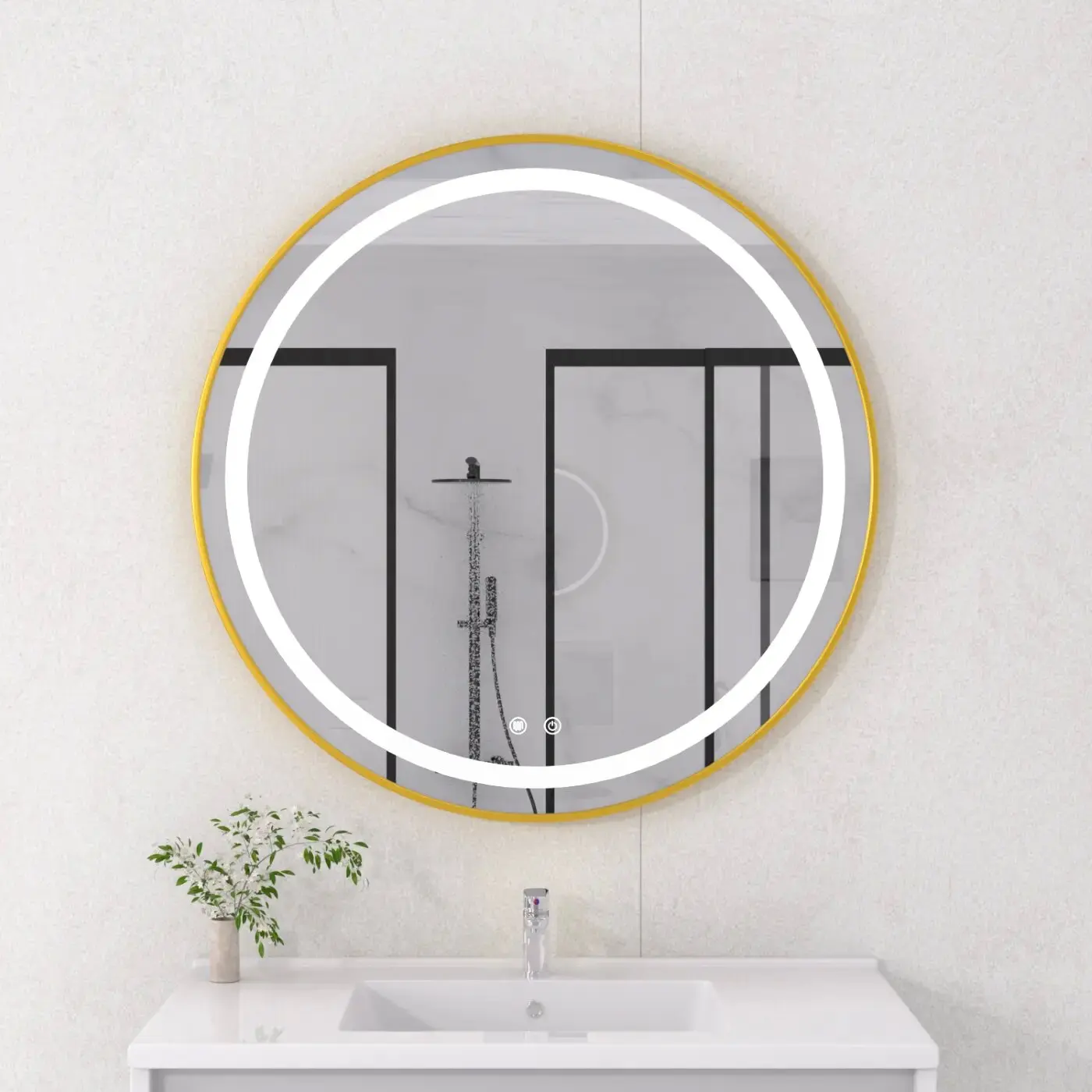 Wholesale wall decoration gold framed led bathroom mirror anti fog bath mirror with light