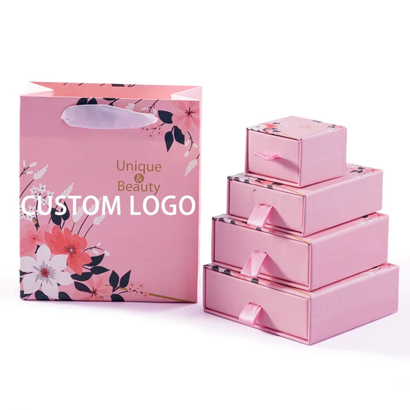 Custom Logo Printed Storage Luxury Pink Paper Box Ring Pendant Necklace Bracelet Jewelry Box Drawer Gift Packaging Box