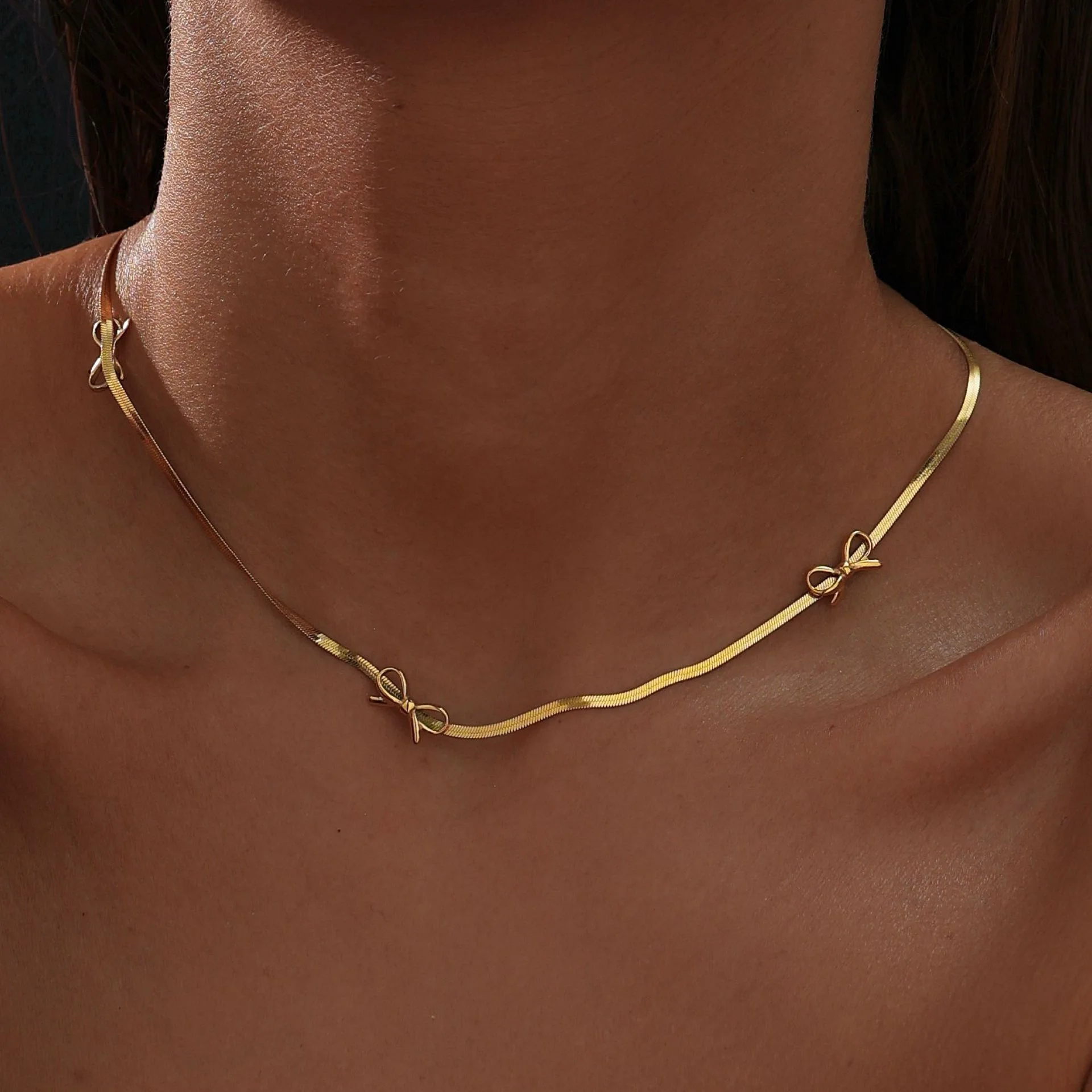 Non tarnish stainless steel gold plated bow bracelet anklet necklace for women