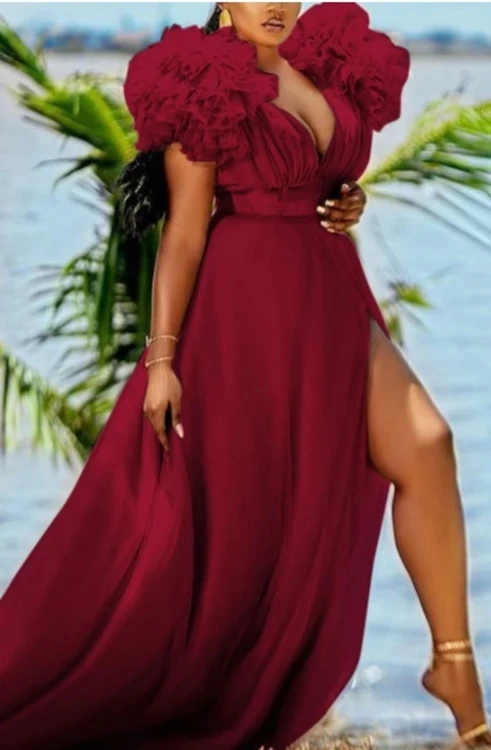 Women V Neck Open Leg Colorful Customer Made Sexy Polyester Short Sleeve Mesh Fabric Red Maxi Open Skirt Summer Party Dress