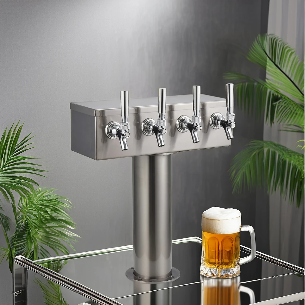 Polished Stainless Steel T-Shape 4 Taps Beverage Dispenser Equipment for Serving Beer & Drinks