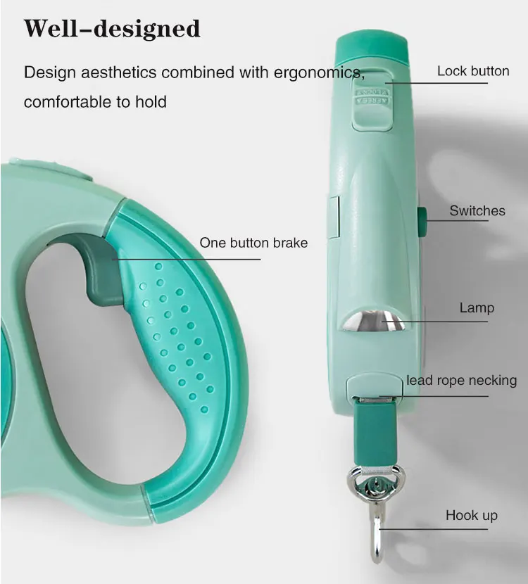 Automatic Retractable Nylon Pet Traction Rope 5m Western Style with Rivet Decoration for Dog Training Walking Running LED Lights