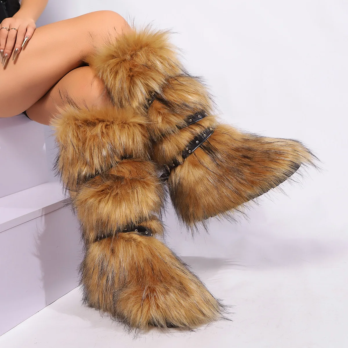BUSY GIRL HS4770 Women Knee High Boots 13 Colors Cross Belt studded Size 12 Flat Winter Snow Brown Grey Fuzzy Faux Fur Boots