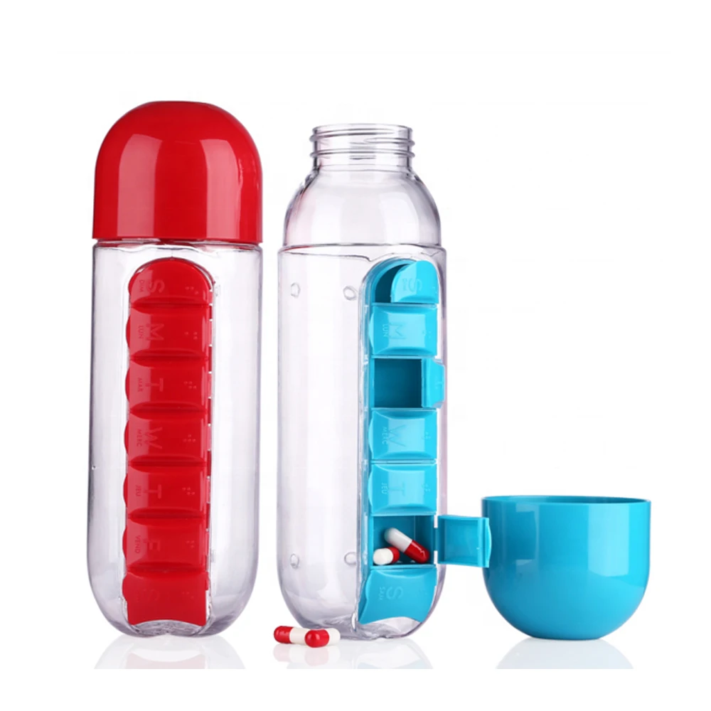 NB-BLUESKY Water Bottle with Pillbox Plastic Drink Bottle with Travel 7 Days Drug Organizer 2 in 1 Pill Box Water Bottle