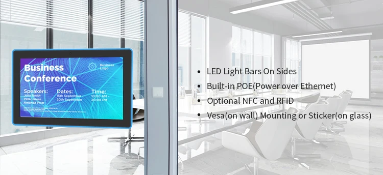 Meeting Room Booking Display 10.1 Inch Poe Power Nfc Led Light Bar Booking System Conference Android Tablet